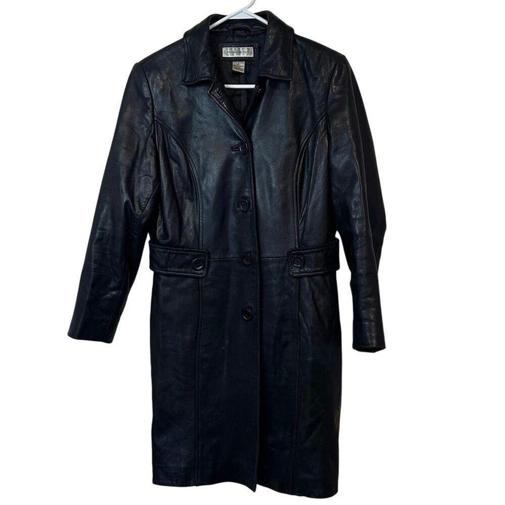 Preston & York Vintage Lamb Skin Leather Button Down Jacket Size S Black Moto